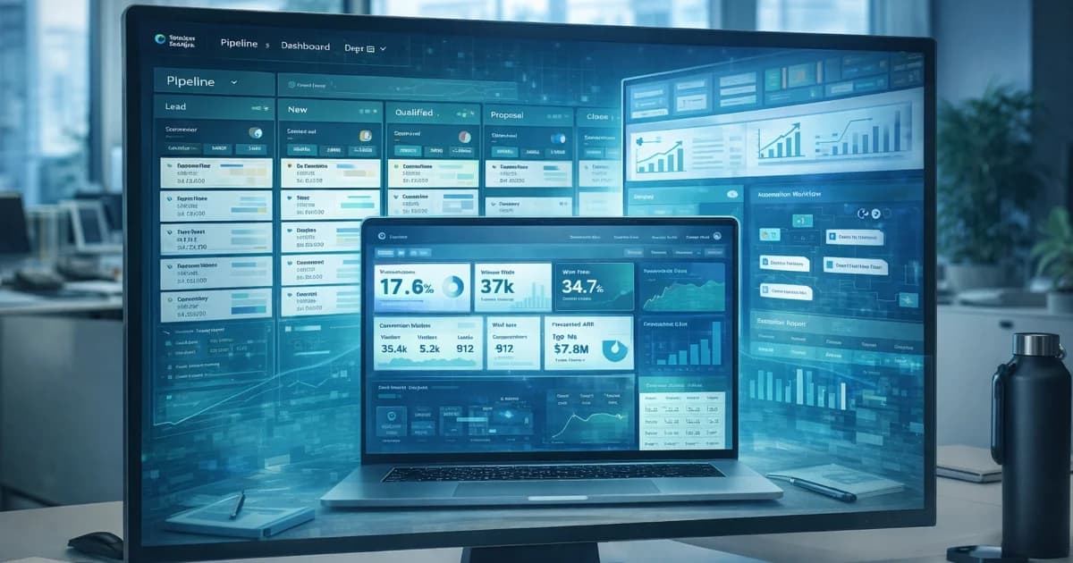 High-fidelity fractional RevOps workspace showing pipeline management, automation workflows, forecasting, and KPI dashboards