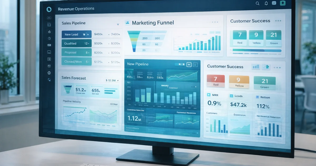 High-fidelity revenue operations dashboard showing sales pipeline, marketing funnel, and customer success metrics in one CRM view