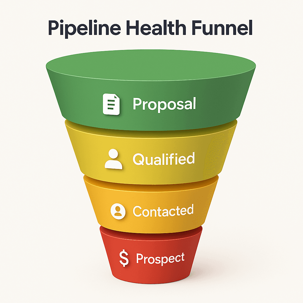Sales pipeline health visualization with conversion and slippage indicators
