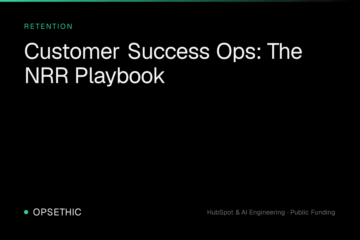Dark-mode customer success operations flywheel diagram showing onboarding, health scoring, renewal, and expansion stages feeding a central net revenue retention gauge in emerald green
