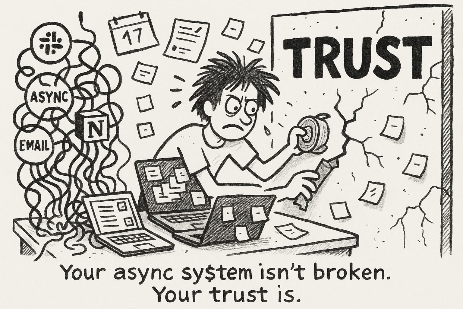 Cartoon illustration showing a person overwhelmed by tangled async tools (Slack, Notion, Email) trying to repair a cracked wall labeled 'TRUST' with tape