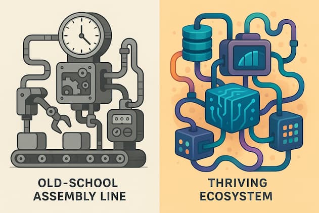A visual contrast between old industrial systems and modern async digital workflows