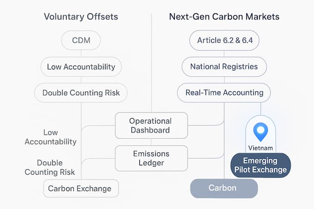 Visual breakdown of carbon trading systems and Article 6 comparison in Vietnam